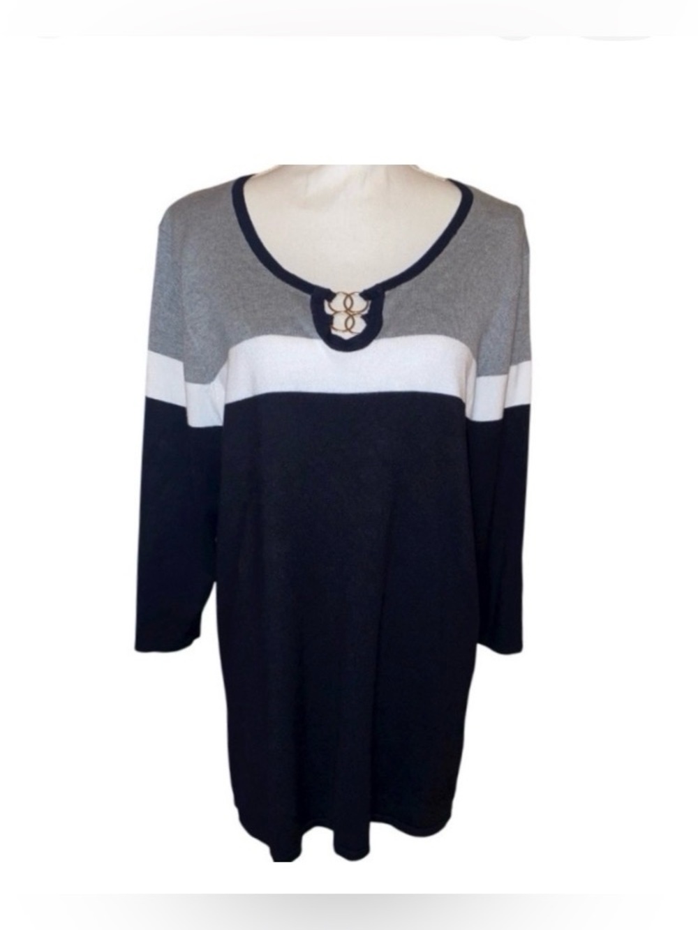CABLE & GAUGE Color Block Knit Sweater Top w/Keyhole Detail BLK/WHT/GRAY Size 1X